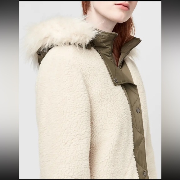 EXPRESS White & Green Sherpa faux fur hooded teddy coat jacket parka XS - Picture 3 of 6